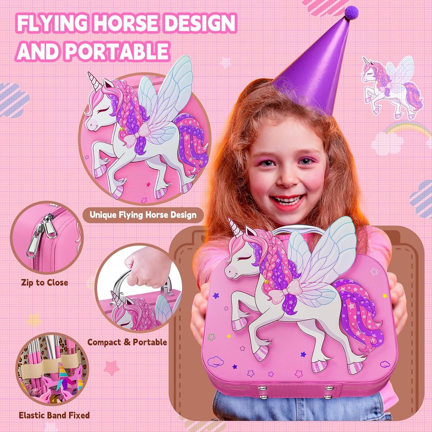 Kids Makeup Kit for Girls – Pink Flying Horse Makeup Set with Storage Case, Pretend Play Cosmetic Set for Ages 3-12 | Includes Eyeshadow, Blush, Lipstick, Brushes – Perfect Christmas & Birthday Gift  Product Description: