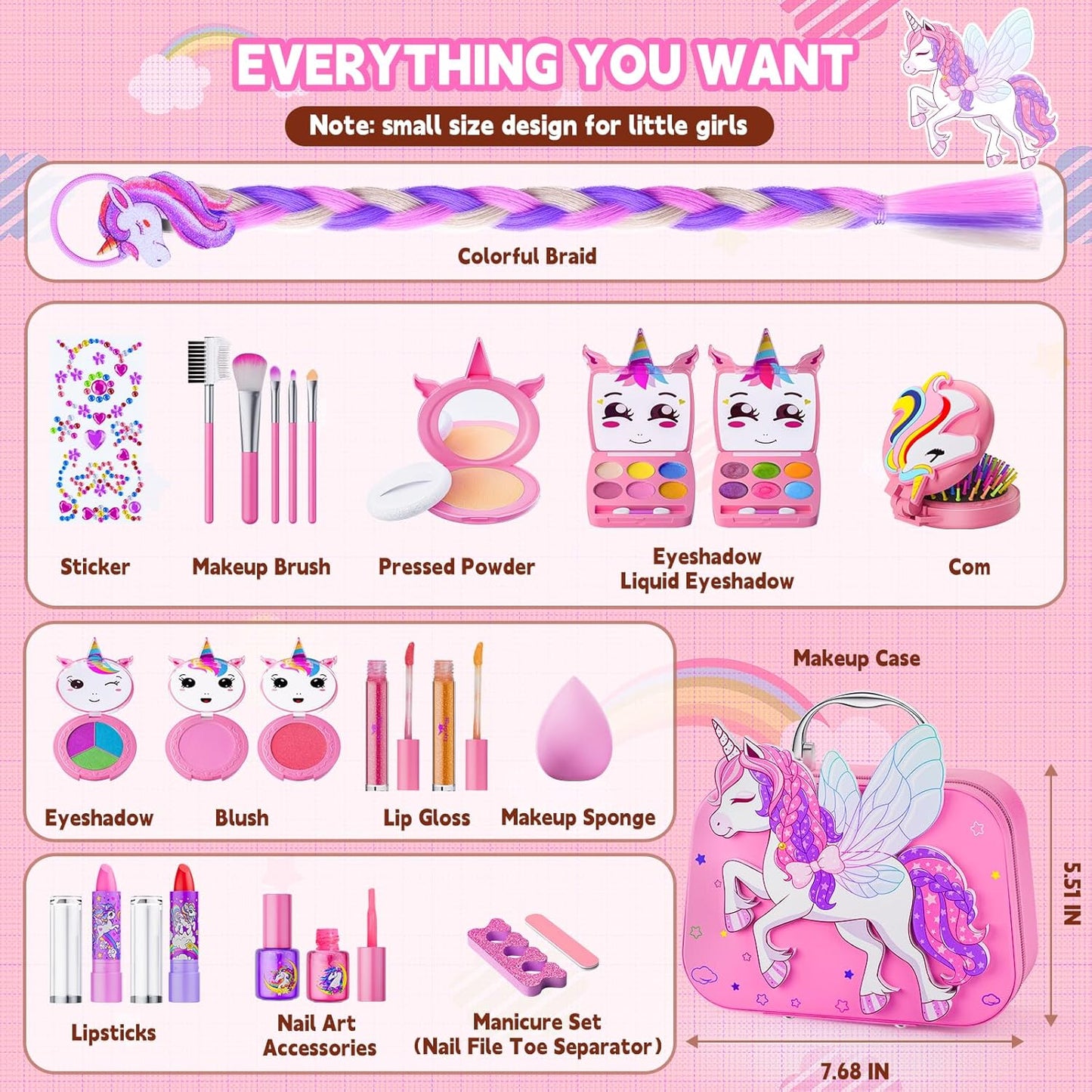 Kids Makeup Kit for Girls – Pink Flying Horse Makeup Set with Storage Case, Pretend Play Cosmetic Set for Ages 3-12 | Includes Eyeshadow, Blush, Lipstick, Brushes – Perfect Christmas & Birthday Gift  Product Description: