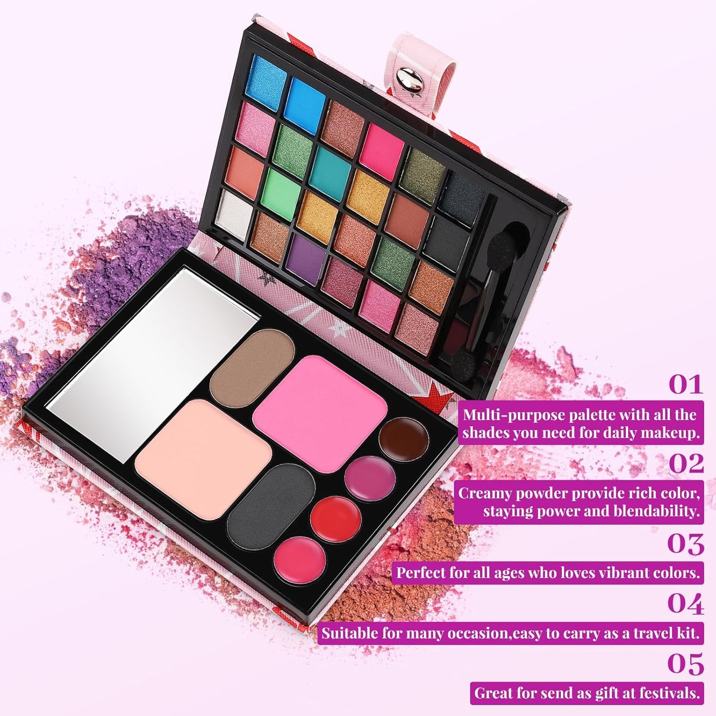 All-in-One Makeup Kit for Women – Full Kit with 24 Eye Shadows, 4 Lipsticks, 1 Blusher, 1 Powder, 2 Eyebrow Powders, 1 Mirror & 1 Double-Ended Brush | Perfect Makeup Set for Teen Girls, Beginners, and Professionals | Giftable Makeup Kit